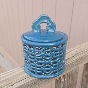 Pier 1 Coastal Blue Lattice Jar — Candy Dish, Potpourri Holder, Boho Accent